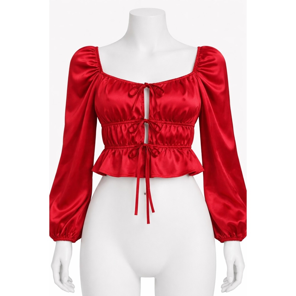 Mixed Threads XL Top Valentine's Day‎ Outfit Red Satin Ruched Milkmaid Vamp Y2K